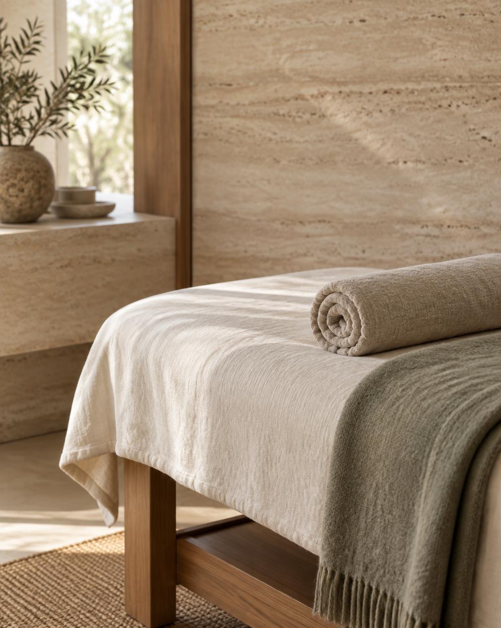 A treatment bed dressed in soft linen with a rolled towel and a sage wool blanket