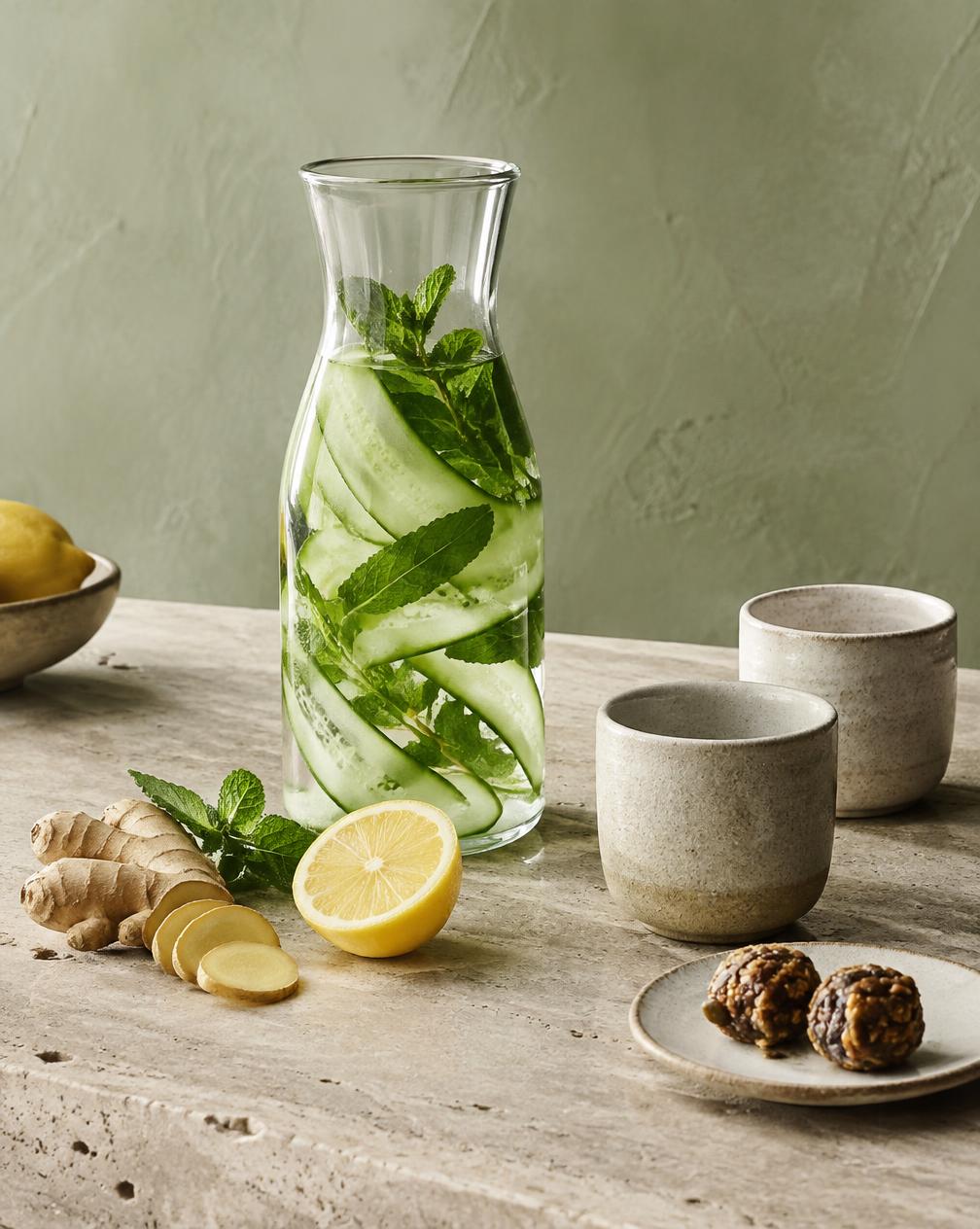 Cucumber and mint water with ginger, lemon and two small Vital Bites