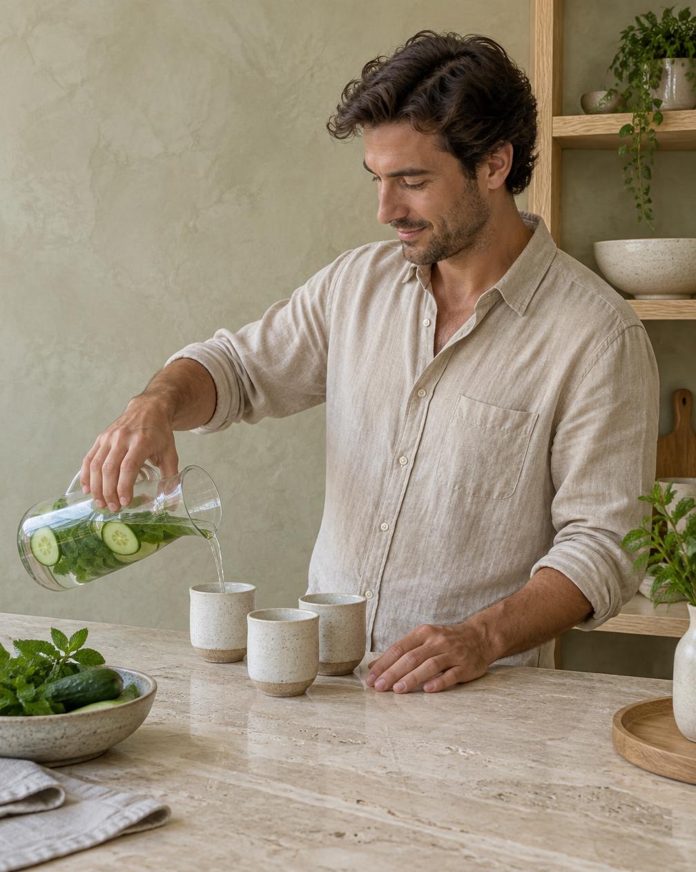 Elias Brandt, wellbeing host, pouring infused water at the Detox Bar