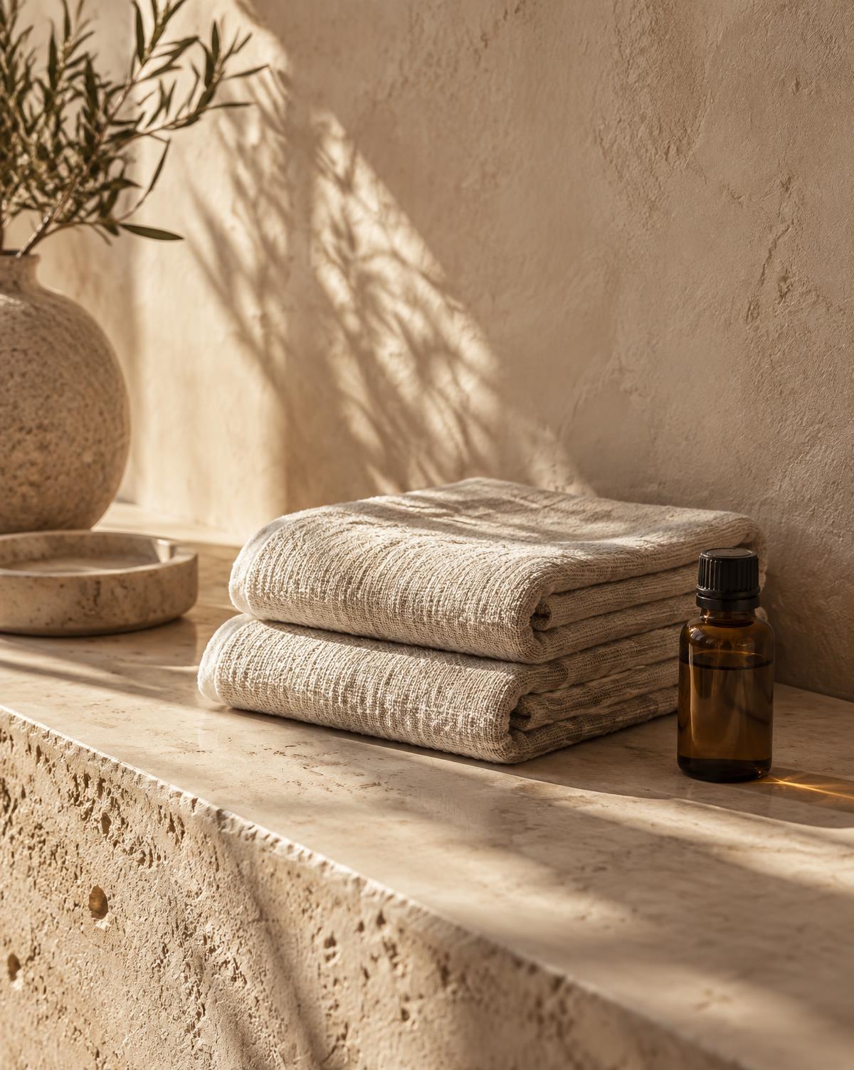 Folded linen towels and a small amber oil vessel on a limestone ledge