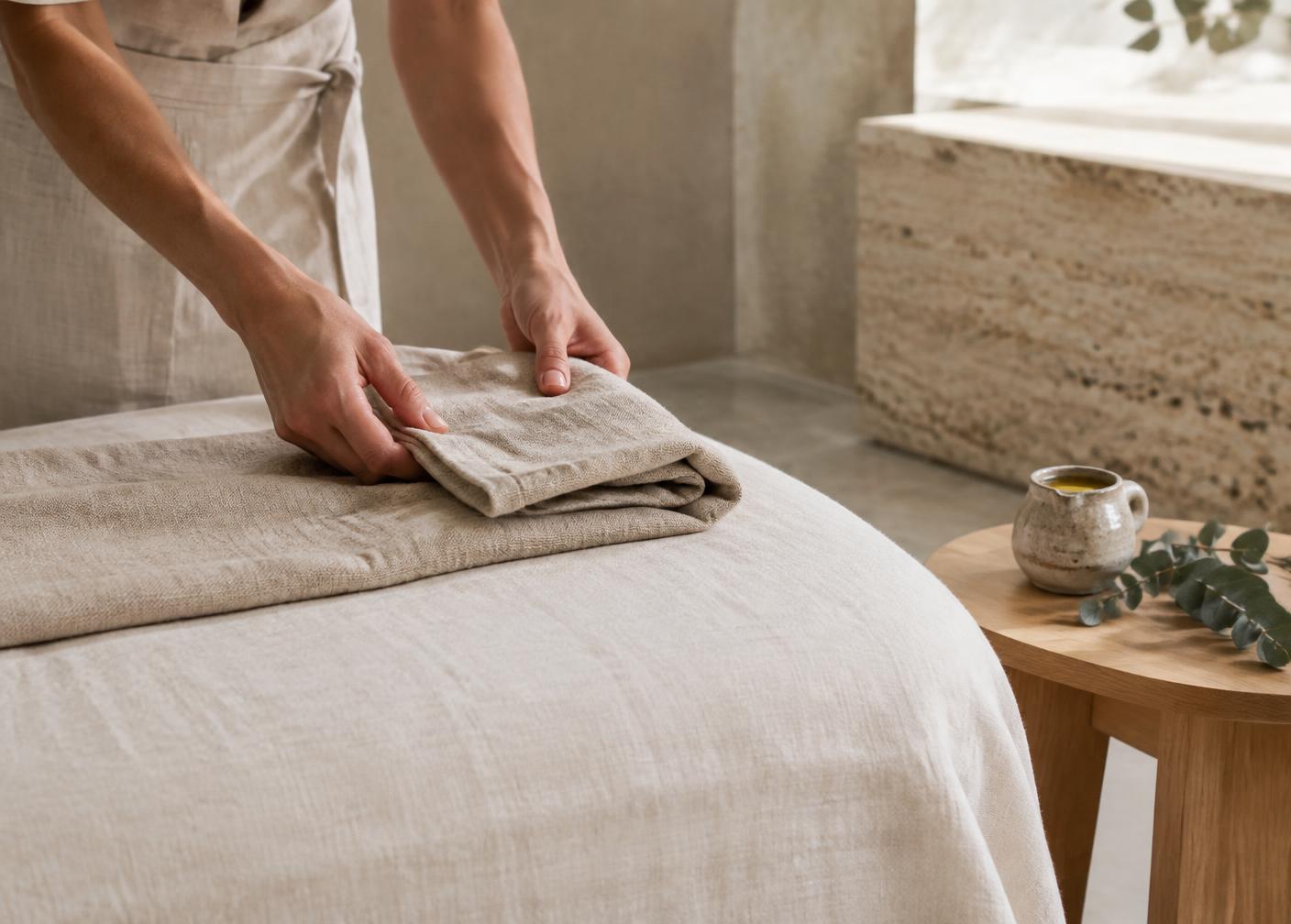 Hands folding a warm linen towel on a prepared treatment table