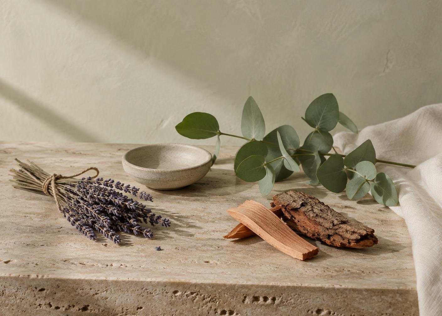 Dried lavender, eucalyptus leaves and cedar wood on travertine