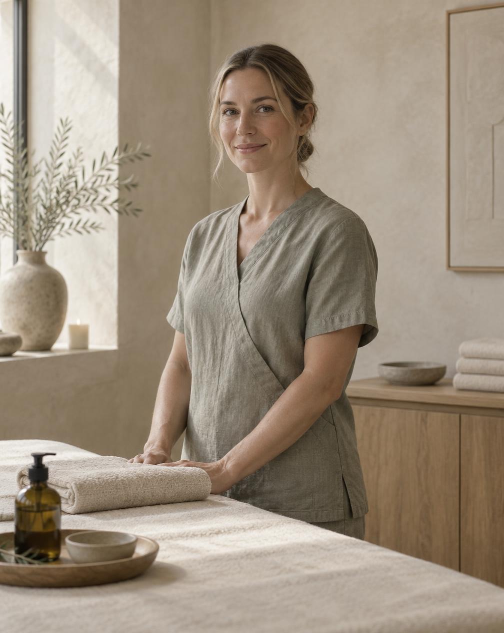 Mira Albers, massage therapist, preparing a treatment table